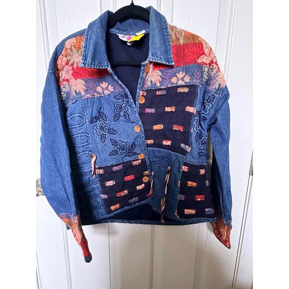 Karen Hart Patchwork Tapestry Denim Jacket Embroidered Mixed Boho vintage Coat - Picture 1 of 8